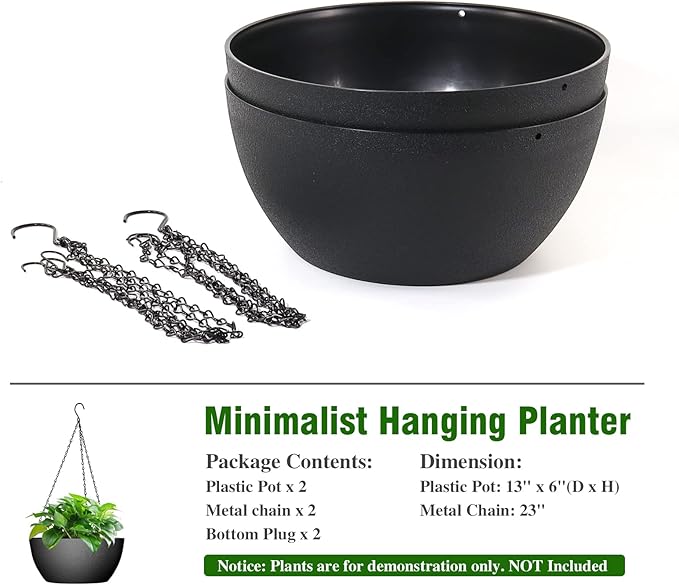 13 inch Large Hanging Planters Plant Pots for Outdoor Indoor Plants with Drainage Holes and Chain, 2 Pack Round Hanging Flower Pots for Garden Home Porch Decor, Black-CasaMuseHome