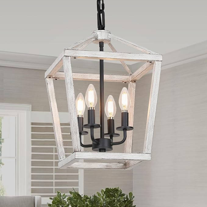4 Light Rustic Chandelier, Farmhouse Lantern Fixture with Brushed White Oak Cage and Adjustable Chain, E12 Base Geometric Hanging Light Fixture Ceiling lighting for Entryway Kitchen Island, Indoor Use-CasaMuseHome