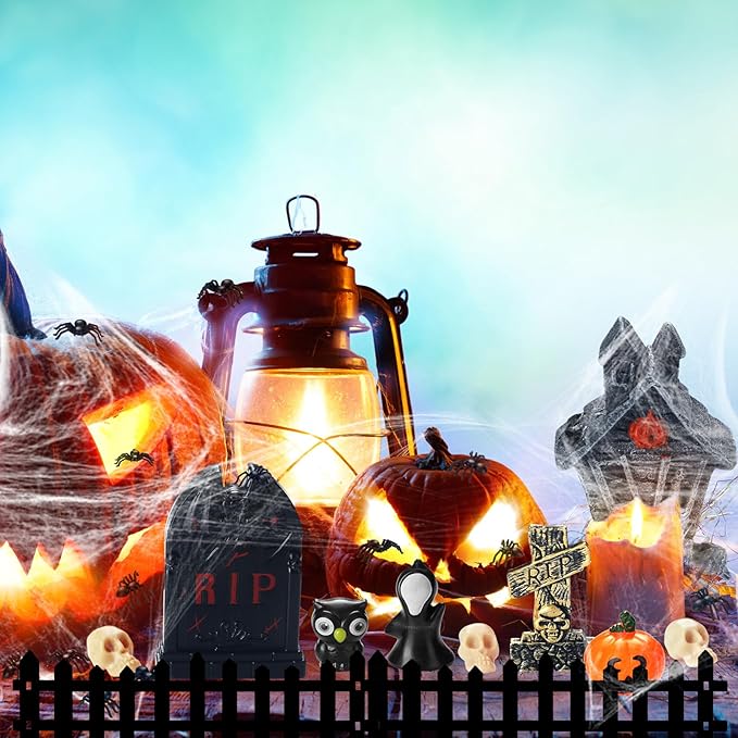 56 Pcs Halloween Village Accessories Set Halloween Haunted House Village Set Miniature Tombstones Tree Fake Spiders Fence Streetlamp Figurines for Home Table Party Decor-CasaMuseHome