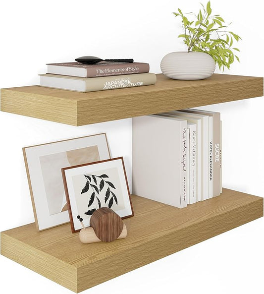 12 Inch Deep Floating Shelves 24 inch Long, 24 x 12 Wide Wall Shelves with Invisible Brackets, Heavy Duty Shelf for Bedroom Bathroom Living Room Kitchen Office Home Decor, Modern Shelf Set of 2, Oak-CasaMuseHome