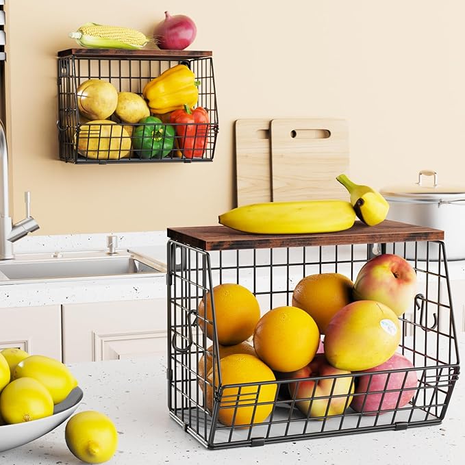 2pcs Fruit Basket Kitchen Storage Basket with Wood Lid, Stackable Wall Basket Fruit Basket for Kitchen, Countertop Organizer for Snack, Fruit and Veggie Storage, 11.8 x 7.9 x 8.5 Inch-CasaMuseHome