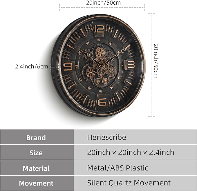 20in Large Real Moving Gears Wall Clock for Living Room, Battery Operated Wall Clocks Decorative Vintage, Home Office Clock, Gift for Family, Friends-CasaMuseHome