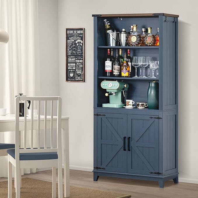 70in Tall Bookshelf 5 Tier Bookcase with Barn Doors and Adjustable Shelves, Blue Farmhouse Book Shelf with Storage Cabinet, Wood Freestanding Display Bookshelves for Bedroom, Kitchen (2PCS)-CasaMuseHome