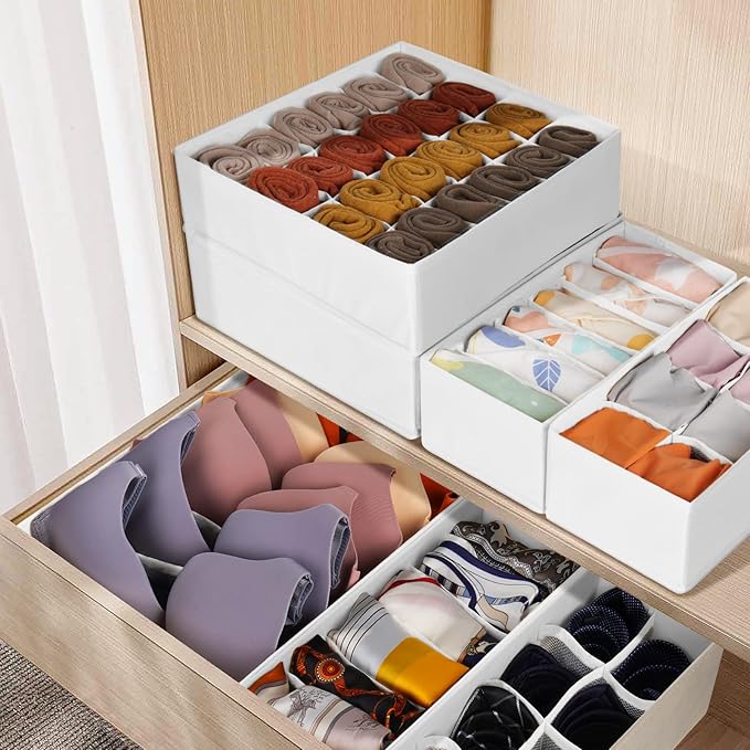 6 Pack Sock Underwear Drawer Organizer Dividers, 58 Cell Foldable Fabric Dresser Closet Organizers and Storage Bins for Clothing, Baby Clothes, Bra, Panty, Scarf, Ties (White)-CasaMuseHome