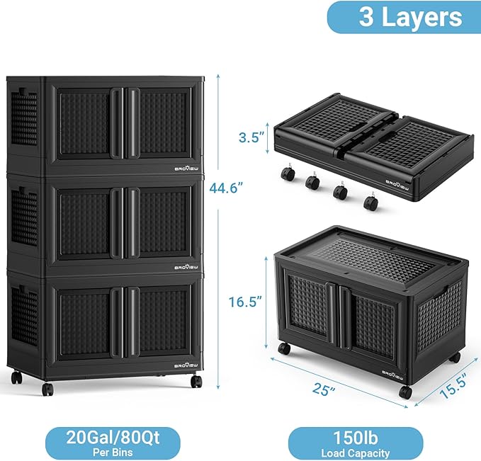 600Qt Stackable Storage Bins with Lids, 150Gal Closet Organizers and Storage Drawer, Plastic Collapsible Storage Bins with Doors, Heavy Duty Store Box Cabinet for Home Kitchen, 6Pack Black-CasaMuseHome