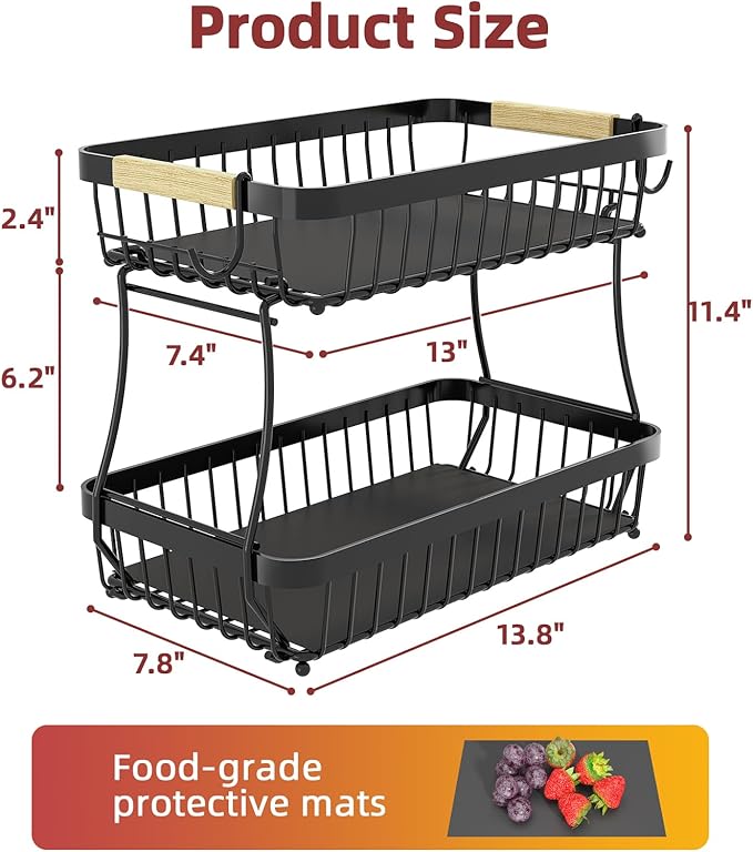 2 Tier Fruit Basket for Kitchen Counter with 2 Mobile Banana Hangers, 2025 Pro Detachable Metal Fruit Bowl with Wooden Handle, Fruit Holder for Bread Snack Veggies with Protective Mats-CasaMuseHome