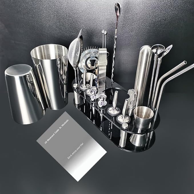22-Piece Cocktail Shaker Set, 25/20oz Bartender Kit, Bartending Stainless Steel Bar Tools Sets for Drink Mixing, Boston Cocktail Shakers with Stand Recipes Booklet (Siver 25-20oz)-CasaMuseHome