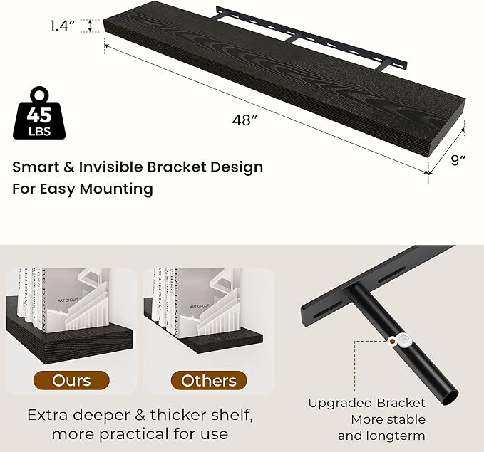 48 inch Floating Shelves for Wall Large Wall Mounted Shelves with Invisible Brackets, Black Long Shelves for Bathroom, Living Room, Kitchen, Office, 48x9.1 inch deep Set of 2-CasaMuseHome