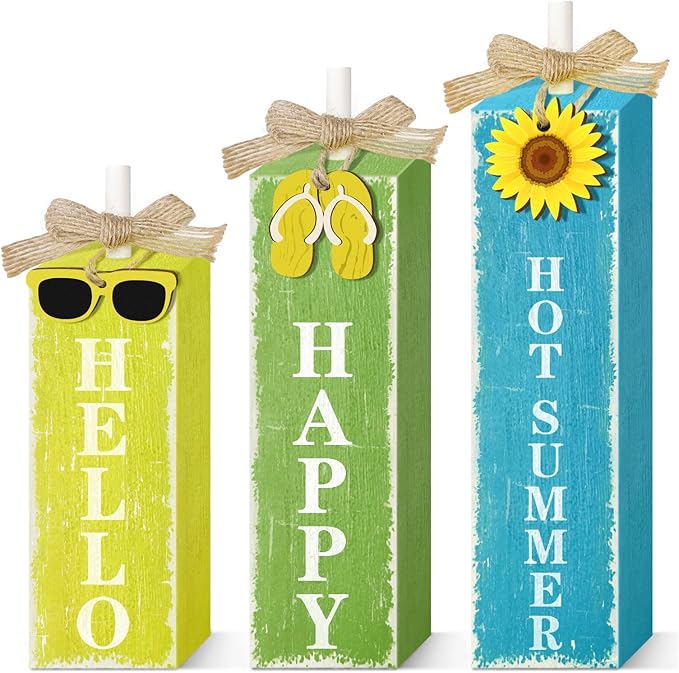 3 PCs Wooden Tiered Tray Decor Hello Happy Hot Summer Rustic Table Decor Block Signs for Beach Island Home Office Decorations (Summer-1)-CasaMuseHome