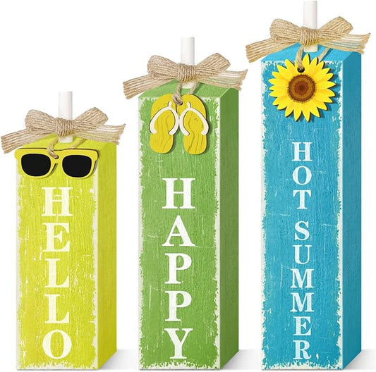 3 PCs Wooden Tiered Tray Decor Hello Happy Hot Summer Rustic Table Decor Block Signs for Beach Island Home Office Decorations (Summer-1)-CasaMuseHome