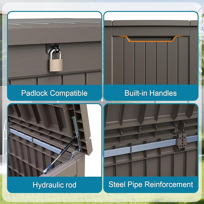 230 Gallon Resin Deck Box, Lockable Patio Outdoor Storage Box for Furniture, Garden Tools and Tools Storage, Waterproof Outside Storage Boxes - Grey-CasaMuseHome