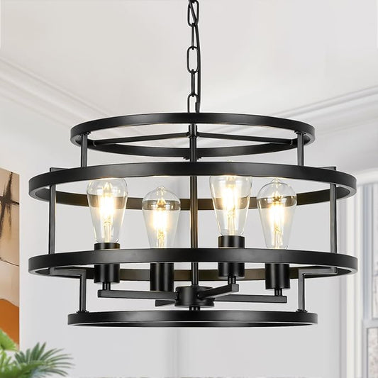 4-Light Black Chandelier for Dining Room, 19.7" Modern Farmhouse Pendant Light with Geometric Metal Frame, Industrial Flush Mount Ceiling Light for Living Room, Bedroom, Kitchen Island, Hallway, Foyer-CasaMuseHome