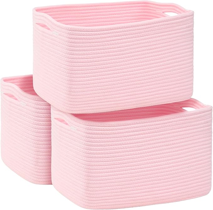 3-Pack Shelf Baskets for Organizing, Woven Storage Basket for Shelves, Cotton Rope Storage Bins for Toys Books, Nursery Towel Baskets for Classroom, 14.96"X9.8"X8.85", Pink-CasaMuseHome