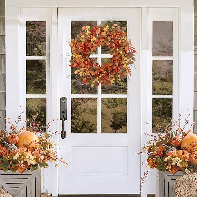 22 inch Artificial Fall Wreaths for Front Door,Autumn Wreath with Large red Berries and Fall Leaves Suitable for Indoor Outdoor Wall Porch Harvest Festival Thanksgiving Day Farmhouse Holiday Decor.-CasaMuseHome