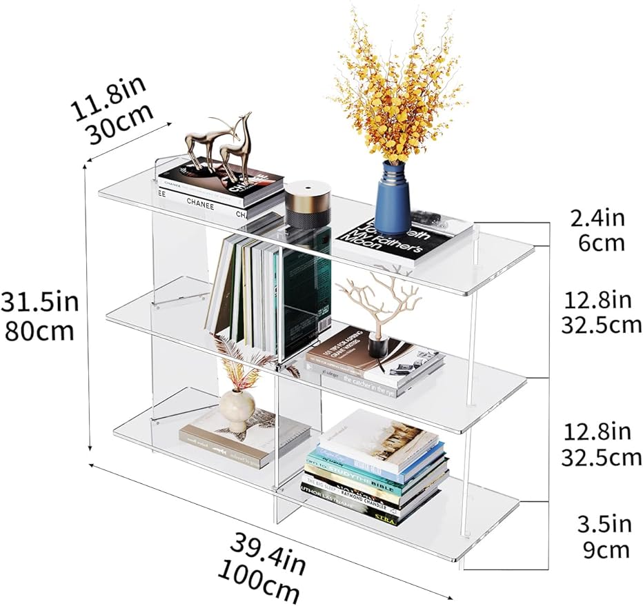 Acrylic Bookshelf, Small 3 Tier Open Bookcase for Small Spaces,Sofa Table, Hallway Entry Table for Home Living Room (Clear, 39.4'' x 11.8'' x 31.5'')-CasaMuseHome