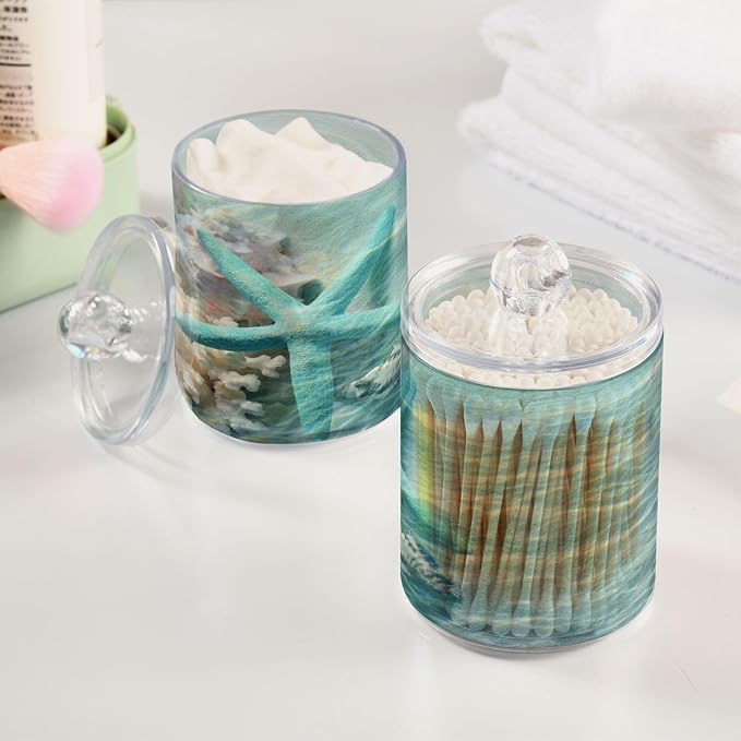 2 Pack Qtip Holder Organizer Dispenser Seashell Starfish Summer Beach Bathroom Storage Canister Cotton Ball Holder Container for Cotton Swabs/Pads/Floss-CasaMuseHome