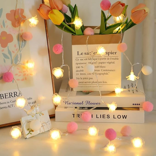 9.85Ft String Lights 20 Cute Pink Pompoms 20 LEDs Rose Fairy Lights Garland Battey Operated with Timer Flower Lights for Bedroom Kids Room Party Birthday Wedding Valentines Decorations-CasaMuseHome