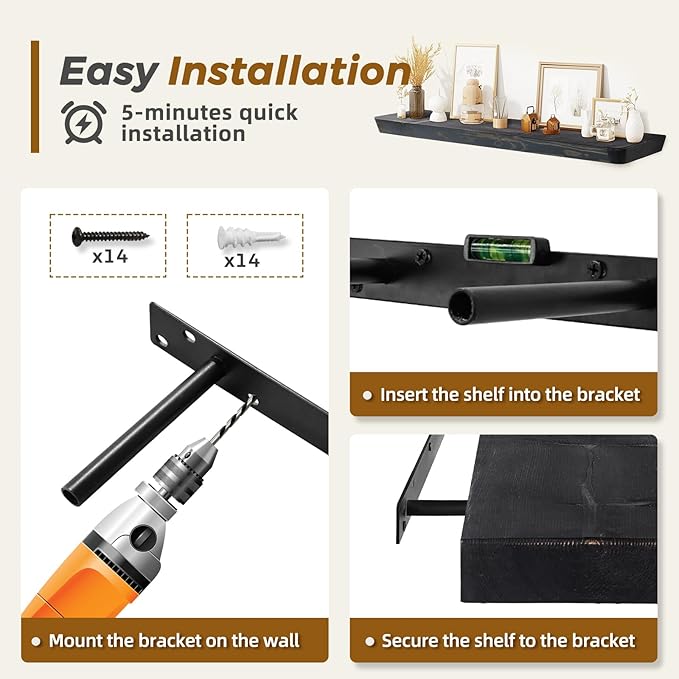 36"x6.8"x1.6" Slanted Floating Wall Shelves 2-Pack - Rustic Black Finish, Heavy-Duty Solid Wood Design with Hidden Brackets - Perfect for Living Room, Kitchen, Bathroom, or Office-CasaMuseHome