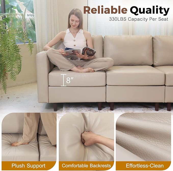 118.5" Faux Leather Modular Sectional Convertible Sofa, L Shaped Couch Set for Living Room, Large 8-Seater Comfy Cloud Couches with Movable Storage Ottoman DIY Combination - Whitesand-CasaMuseHome