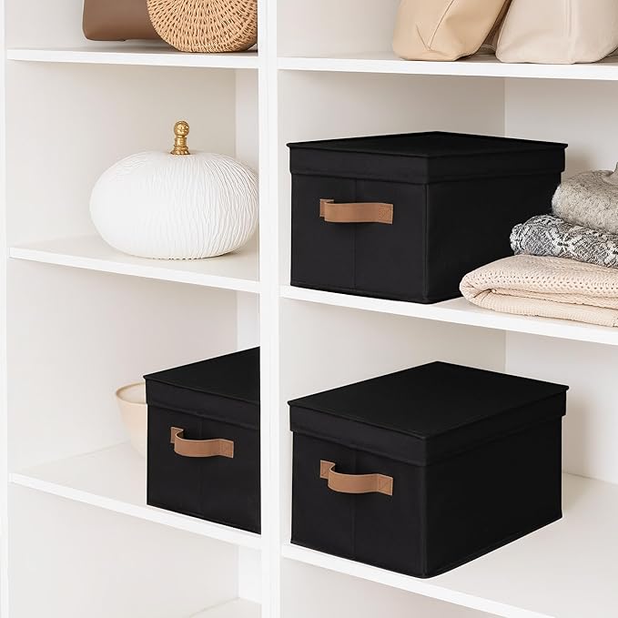 StorageWorks Large Storage Bins with Lids, Decorative Storage Boxes with Lid and PU Handles, Foldable Storage Baskets for Closet, Shelves, Stackable, Black, 3-Pack-CasaMuseHome