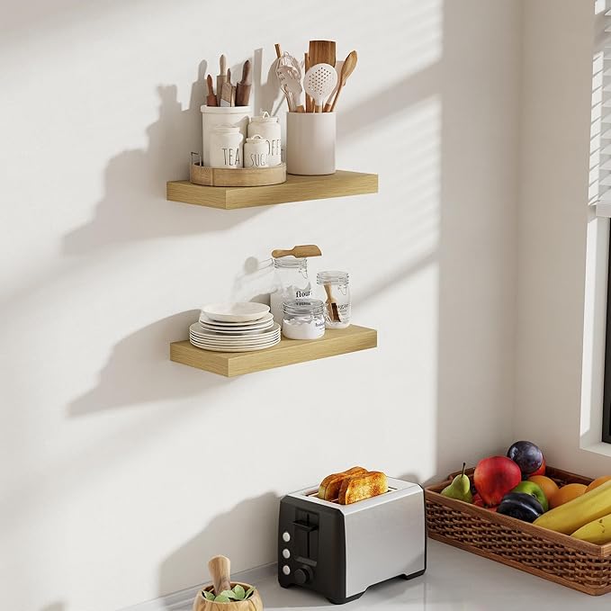 16 Inch Floating Shelves, 8 Inch Deep Floating Shelves for Wall, Hanging Shelf with Invisible Brackets, Deep Shelves for Bathroom, Bedroom, Living Room, Oak, Set of 2-CasaMuseHome