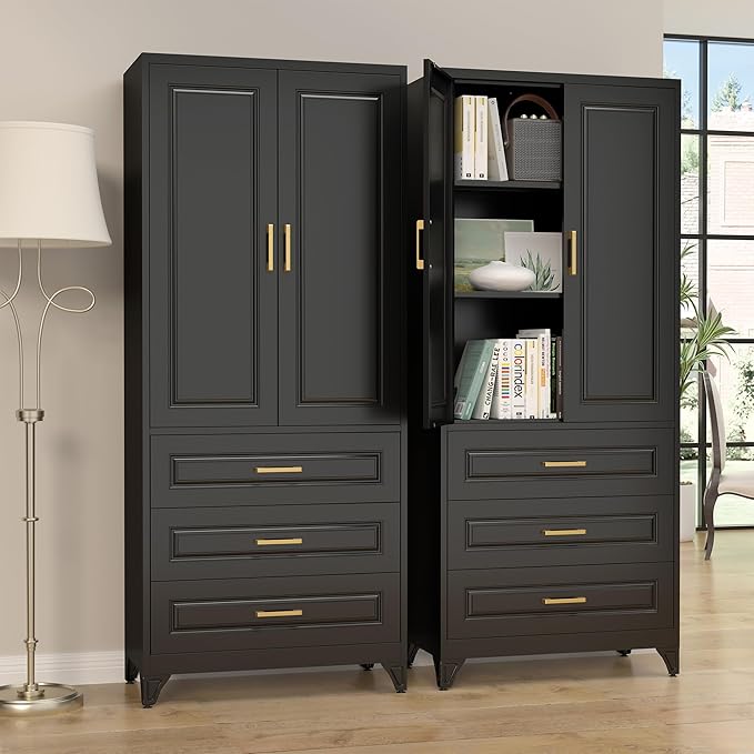 75" Kitchen Pantry Cabinet with 3 Drawers,Metal Storage Cabinets with Doors and 4 Adjustable Shelves,Black Kitchen Cabinet with 2 Gold Handles,Food Cupboard for Livingroom, Bathroom,Pantry-CasaMuseHome