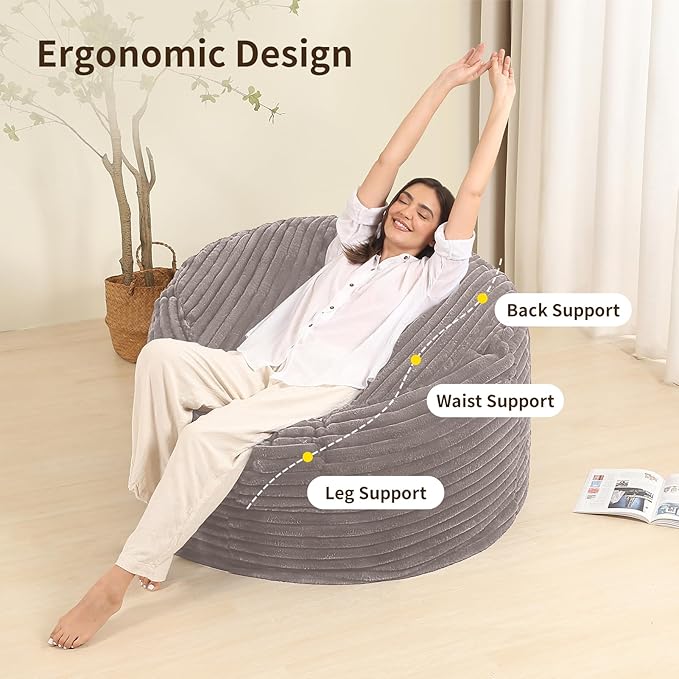 3FT Memory Foam Bean Bag Chair for Adults/Teens, Bean Bag Sofa with Fluffy Removable Cover, for Living Room Bedroom, Grey-CasaMuseHome