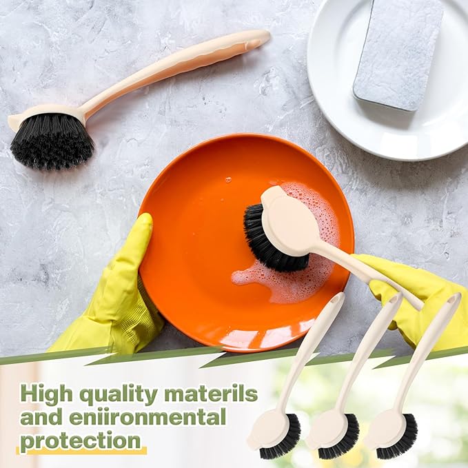 16 Pack Dish Brush with Handle Dish Scrubber Brush with Built-in Scraper Kitchen Scrub with Stiff Bristles Long Scrubber for Home Restaurant Pot Sink Washing Cleaning Supplies, Beige-CasaMuseHome