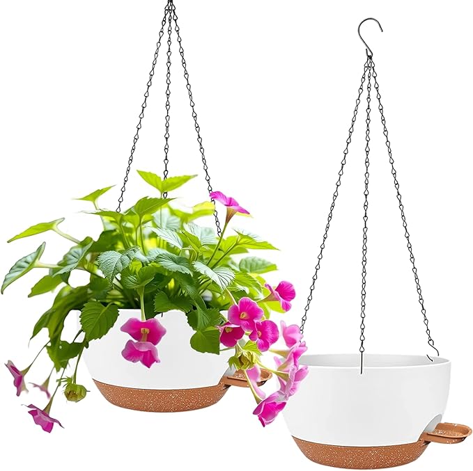 2 Pack Hanging Planters for Indoor Outdoor Plants, 12 Inch Self Watering Hanging Pot with Drainage Holes and Saucer, Plastic Plant Pots, White Brown Flower Pots for Kitchen, Balcony, Garden-CasaMuseHome