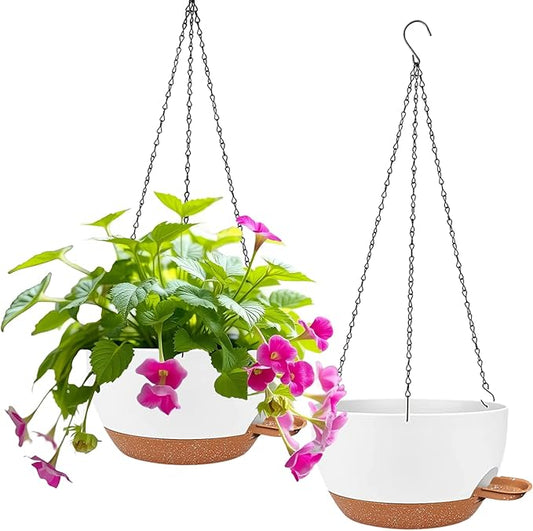 2 Pack Hanging Planters for Indoor Outdoor Plants, 12 Inch Self Watering Hanging Pot with Drainage Holes and Saucer, Plastic Plant Pots, White Brown Flower Pots for Kitchen, Balcony, Garden-CasaMuseHome