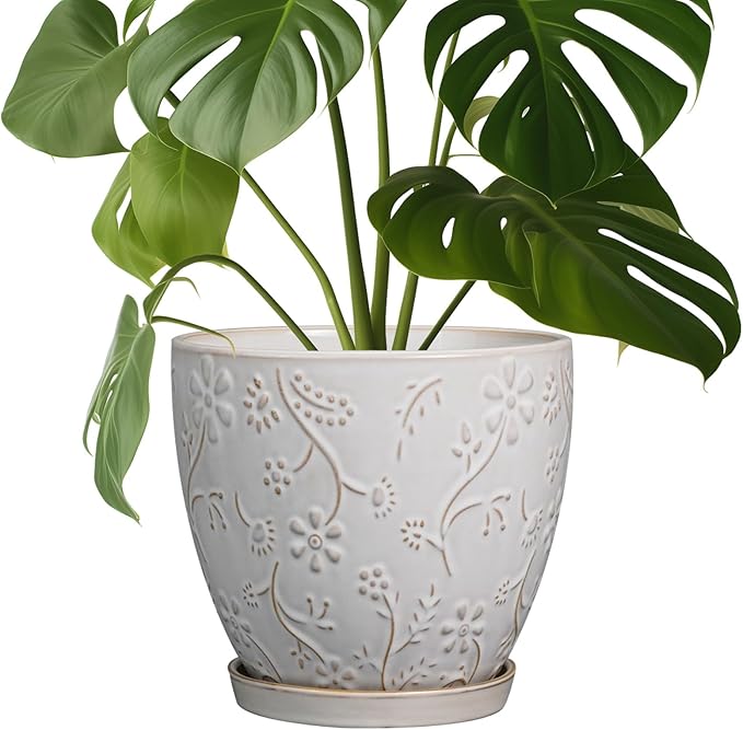 8 Inch Ceramic Pots for Plants Large Planter Pot with Drainage Hole and Saucer Round Flower Pot for Indoor Outdoor Decor, White-CasaMuseHome