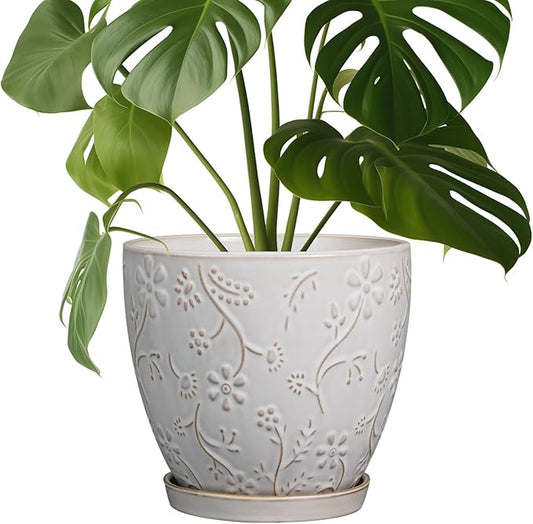 8 Inch Ceramic Pots for Plants Large Planter Pot with Drainage Hole and Saucer Round Flower Pot for Indoor Outdoor Decor, White-CasaMuseHome
