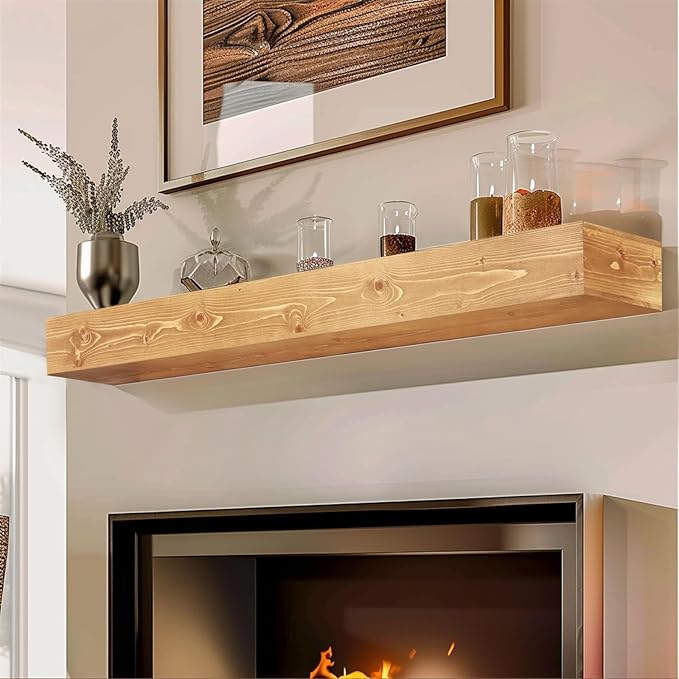 48x8x5 Fireplace Mantel - Handcrafted Rustic Solid Wood Wall Mounted Floating Shelf with Invisible Heavy Duty Wood Bracket (Natural)-CasaMuseHome