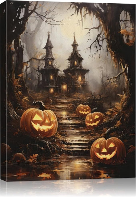 AbcCustomize Halloween Canvas Wall Art - Spooky Haunted House & Eerie Pumpkins Poster, Gothic Fall Decorations for Home, Vintage Halloween Decor Indoor for Living Room, Bedroom & Party-CasaMuseHome