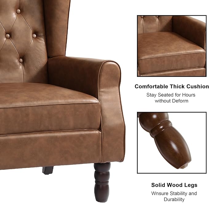 Accent Chair, Upholstered Armchair with Button Tufted High Back & Solid Wood Legs, Comfy Wingback Reading Single Sofa Chair for Small Spaces, Living Room, Bedroom (Leather Brown, Set of 1)-CasaMuseHome