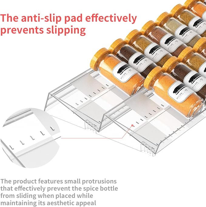 2-Tier Non-Slip Spice Drawer Organizer, 2-Pack Checkered Frosted Clear Acrylic, Expandable (11''-22'') Spice Rack for Kitchen Drawer Storage – Holds Seasonings, Herbs, and Spices (Jars Not Included)-CasaMuseHome