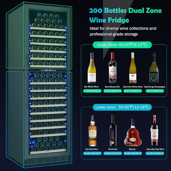 200 Bottle Dual Zone Wine Fridge – 24 Inch Large Capacity Wine Cooler Refrigerator Freestanding/Built-In with Upgraded Compressor, Low-Noise Wine Cellar & Intelligent Temperature Control - Black-CasaMuseHome