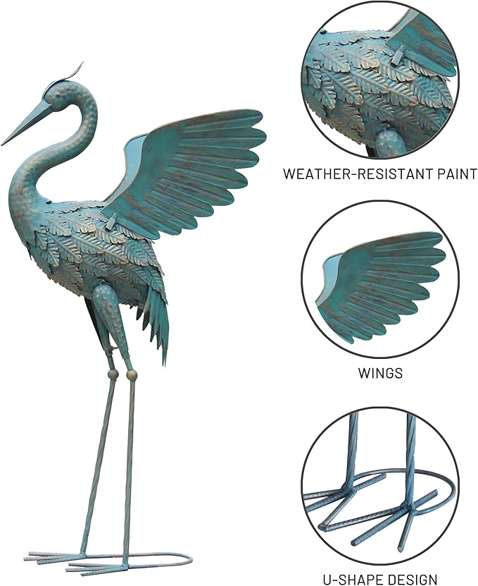 33-37 Inch Metal Crane Garden Statue Décor, Bird Garden Sculpture & Statues, Outdoor Decoration for Yard Patio Lawn Backyard Pool, Vintage Spread Wings Crane, Set of 2-CasaMuseHome