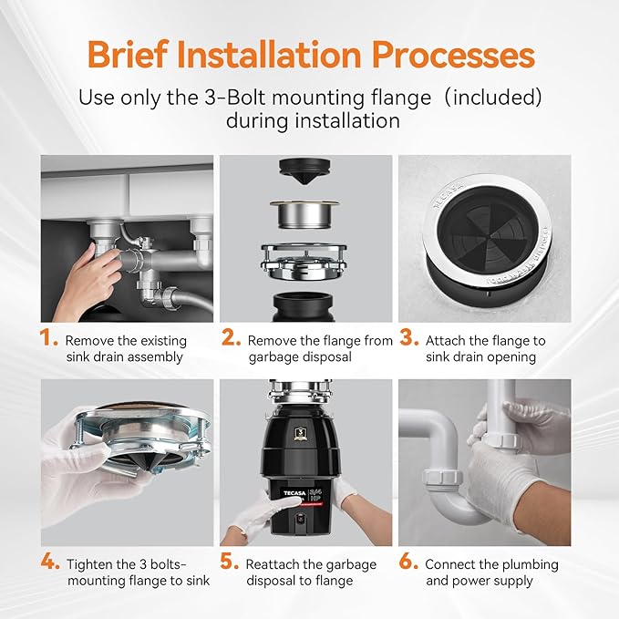 3/4 HP Garbage Disposal, TECASA Food Garbage Disposal with Power Cord, Stainless Steel Grinding System and 3-Bolt Mounting, Continuous Feed Garbage Disposals, Quiet, Taskmaid Series 75-CasaMuseHome