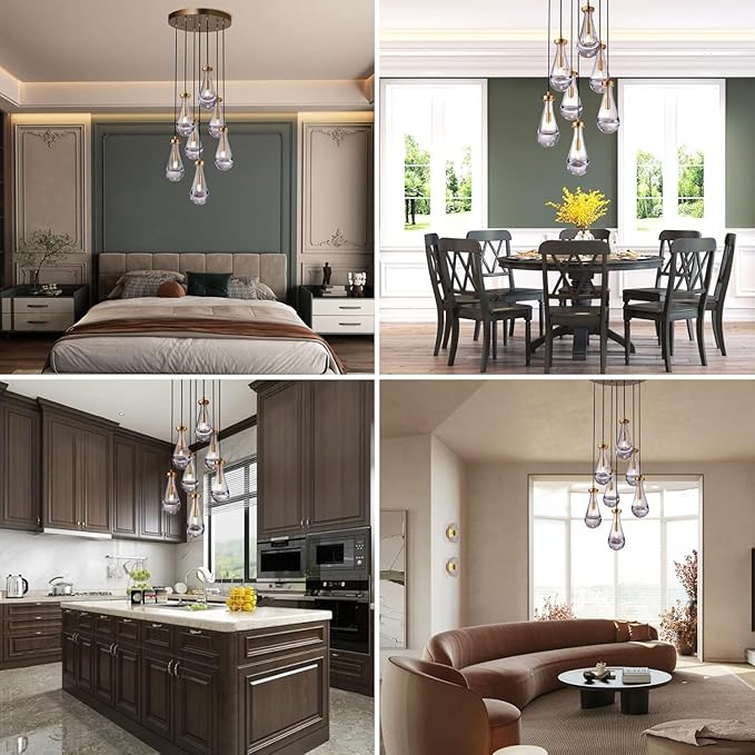 7 Light Raindrop Chandeliers, Brass Teardrop Cluster Pendant Lights Kitchen Island, Gold Dining Room Chandeliers Over Table Hanging Pendant Lighting for High Ceiling, Entryway Staircase-CasaMuseHome