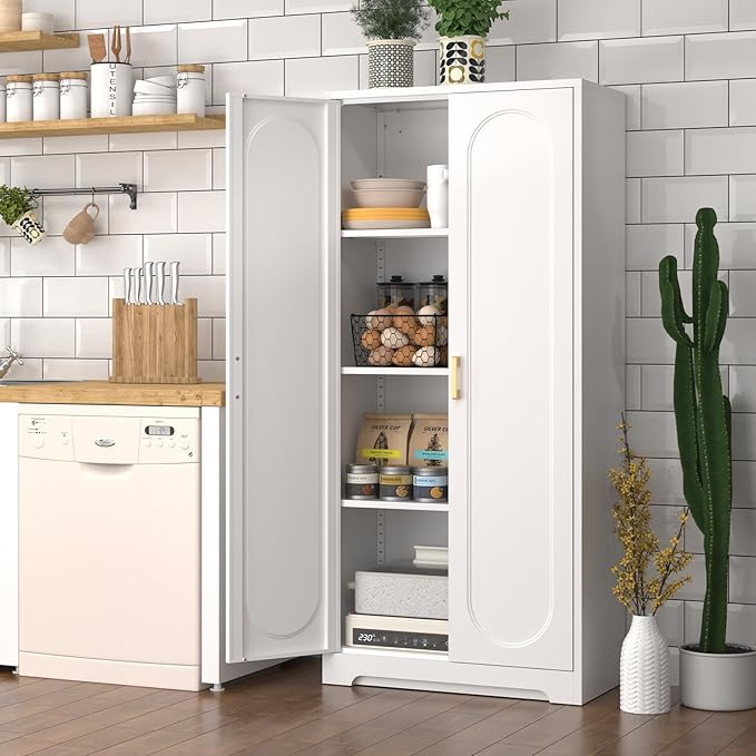60" Tall Kitchen Pantry Cabinet, Metal Pantry Cabinet with Doors and Adjustable Shelves, White Utility Storage Cabinet with Handles for Dining Room, Bathroom, Laundry Room - Assemble Required-CasaMuseHome