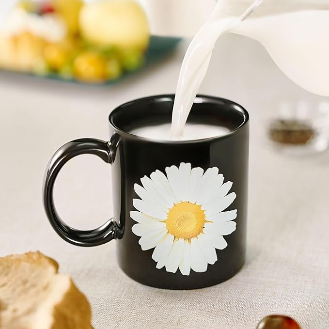 12Oz Daisy Black Ceramic Mug, Mug for Daily Coffee and Tea, Lead-free, Microwave and Dishwasher Safe Coffee Mug, Perfect gifts for women and men-CasaMuseHome