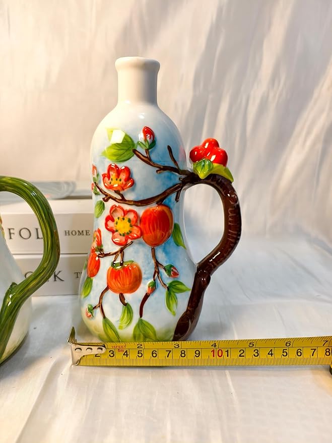 18 Oz Hand Painted Relief Ceramic Olive Oil Bottle Dispenser for Kitchen, Oil and Vinegar Bottle, Seasoning Bottle with Stainless Steel Nozzle, 540mL Oil Container with Handle for Cooking, Light Proof-CasaMuseHome