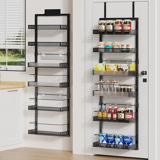 6-Tier Over the Door Pantry Organizer, 2 in 1 Large Door Spice Rack with Adjustable Metal Baskets, Heavy Duty Hanging or Wall Mounted Storage Organizer for Kitchen Pantry and Room Wall-CasaMuseHome