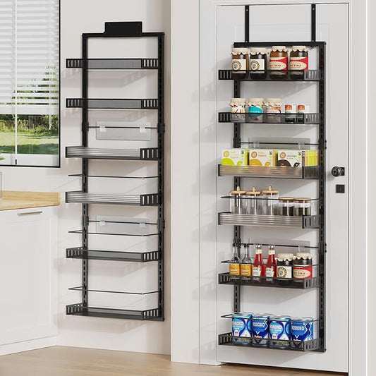 6-Tier Over the Door Pantry Organizer, 2 in 1 Large Door Spice Rack with Adjustable Metal Baskets, Heavy Duty Hanging or Wall Mounted Storage Organizer for Kitchen Pantry and Room Wall-CasaMuseHome
