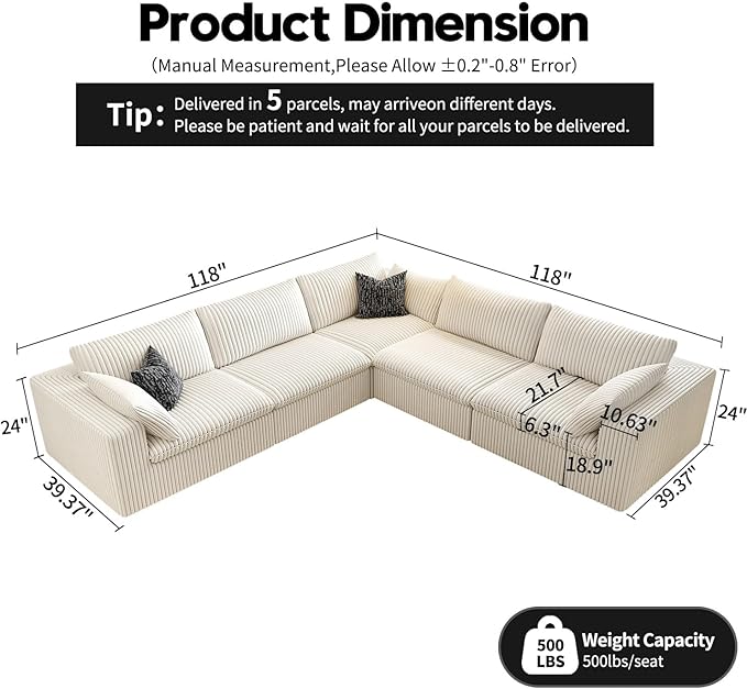 118" Cloud Couch Oversized Modular Sectional Sofa for Living Room,Modern Sofa with Deep Seat，V Shaped Boneless Couch,Comfy Upholstered Corduroy Couches for Apartment, Studio, Office,Bedroom，White-CasaMuseHome