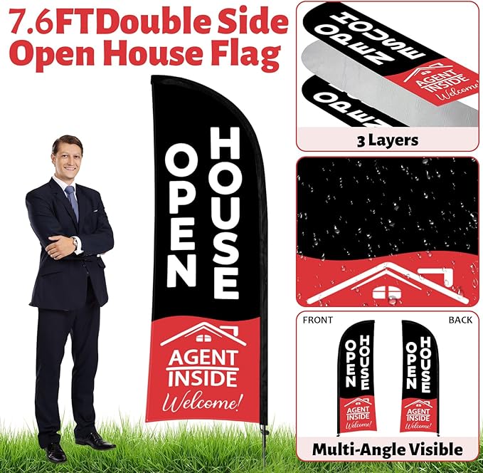 44 Pcs Open House Signs for Real Estate, Double Sided Open House Flag Kit, 7.6 x 5.4 Ft Black Banner Flag Poles Set for Outside, Directional Arrows Sign Stakes Balloons for Open House Supplies-CasaMuseHome