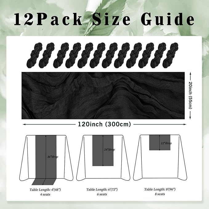 10FT 12 Pack Black Cheesecloth Table Runner 20 x 120 Inch Long Boho Fabric Rustic Cheese Cloth Table Runner for Wedding Bridal Shower Baby Shower Gauze Sheer Birthday Party Table Decorations-CasaMuseHome