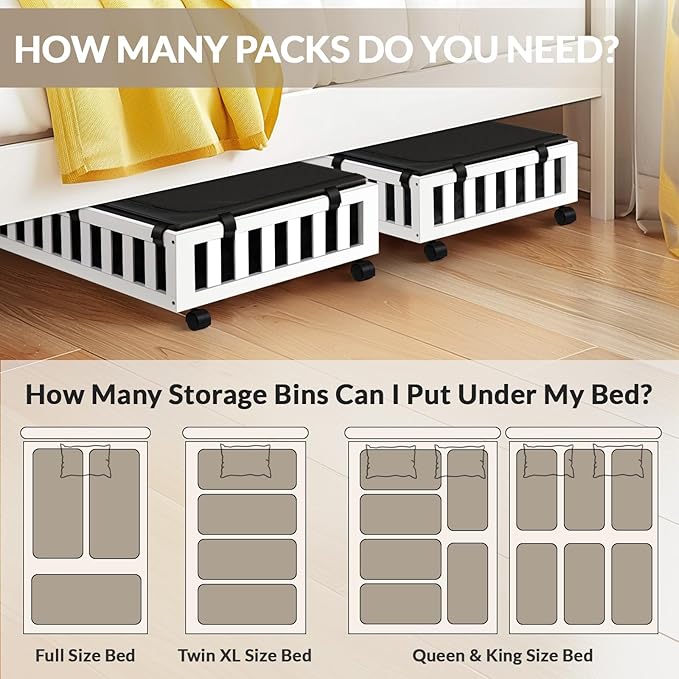2 Pack Bamboo Under Bed Storage with Wheels, 39”x20”x7.8” Lager Under Bed Storage Containers (White)-CasaMuseHome