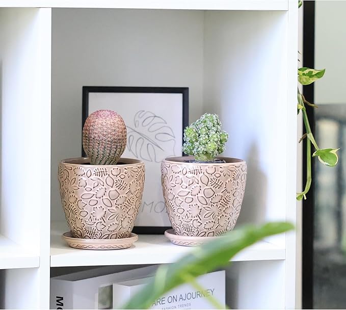 4 Inch Mini Plant Pots, Ceramic Succulent Planter with Drainage Hole and Saucers for Indoor Plants, Small Garden Pots for Succulent, Herb and Flower, Set of 4-CasaMuseHome